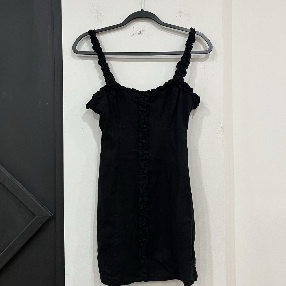 Forever 21 Black Linen Blend Ruffle Trim Mini Dress Size Small Faux Buttons